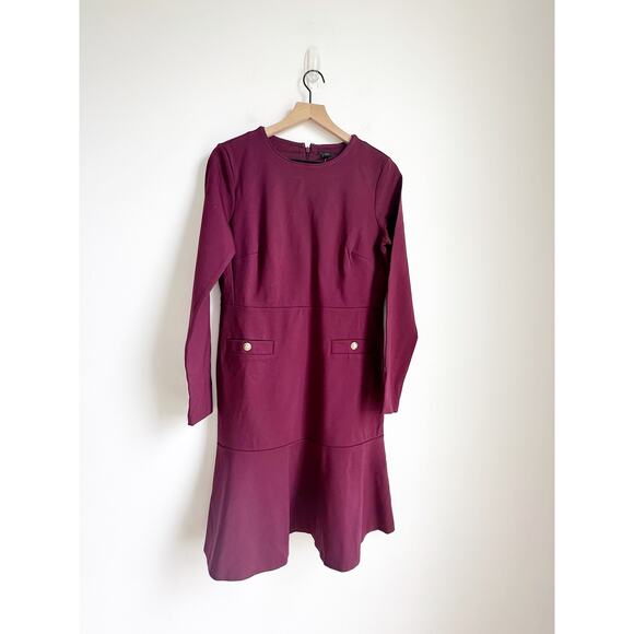 NWOT Ann Taylor Fit & Flare Dress Burgundy Crew Neck Long Sleeve Officewear 10 - Picture 2 of 5